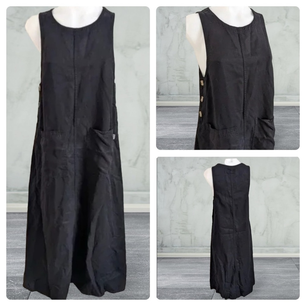 Vintage 90s Amy K Su Jumper Dress XS Pockets Buttons Tencel Black Sleeveless